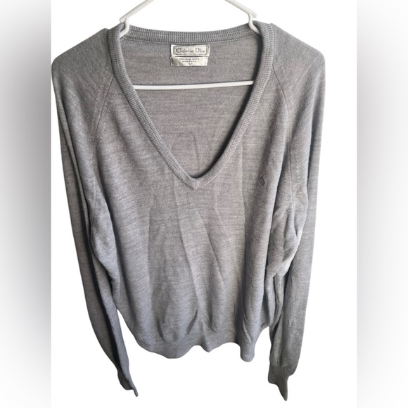 Christian Dior Men’s Vintage Grey Acrylic Made in USA‎ Knit Vneck Sweater Sz L - Picture 1 of 6